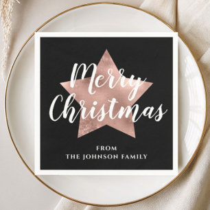 Elegant Black Rose Gold Star Merry Christmas  Napkin