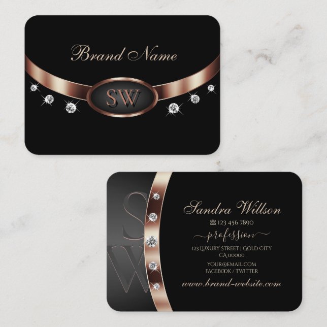 Elegant Black Rose Gold with Diamonds and Monogram Business Card (Front/Back)