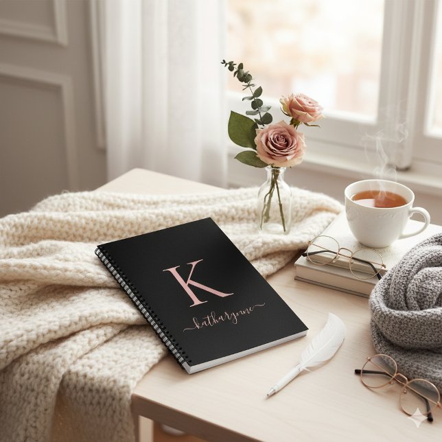 Elegant Black Rose Pink Monogram Name Notebook (Elegant Black Rose Gold Pink Monogram Name Notebook)