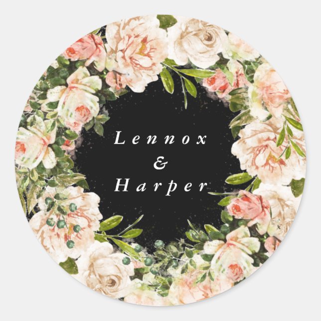 Elegant Black Rose Romance Wedding Classic Round Sticker (Front)