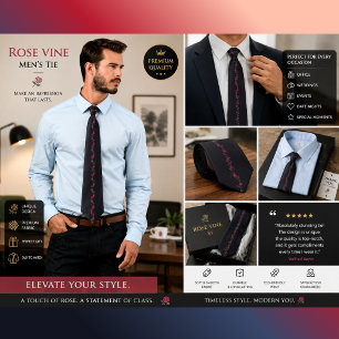 Elegant Black Rose Tie   Red Pink Floral Vine Men'