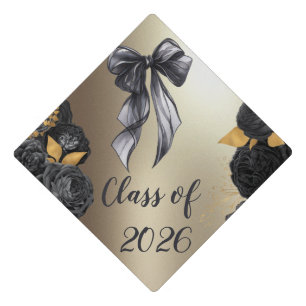  Elegant Black Roses Bow Gold Class 2019 Graduation Cap Topper