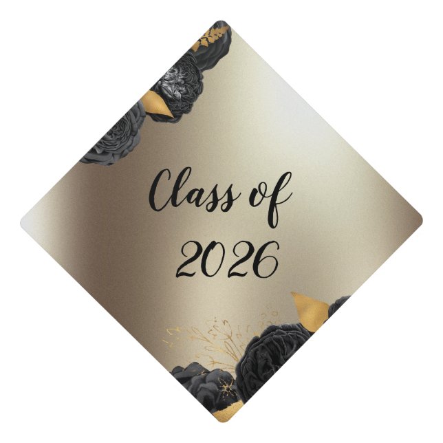  Elegant Black Roses Gold Class 2019 Graduation Cap Topper (Front)
