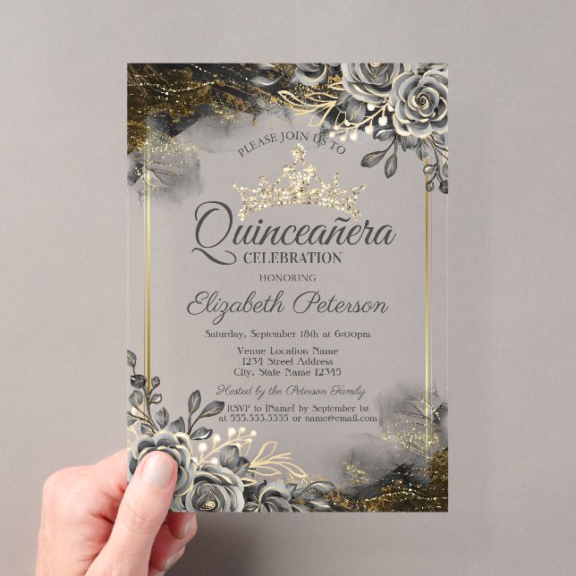 Elegant Black Roses Gothic Quinceañera  Acrylic Invitations (Insitu (Handheld))