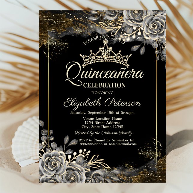 Elegant Black Roses Gothic Quinceañera  Invitation (Creator Uploaded)