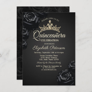 Elegant Black Roses Gothic Quinceañera  Invitation