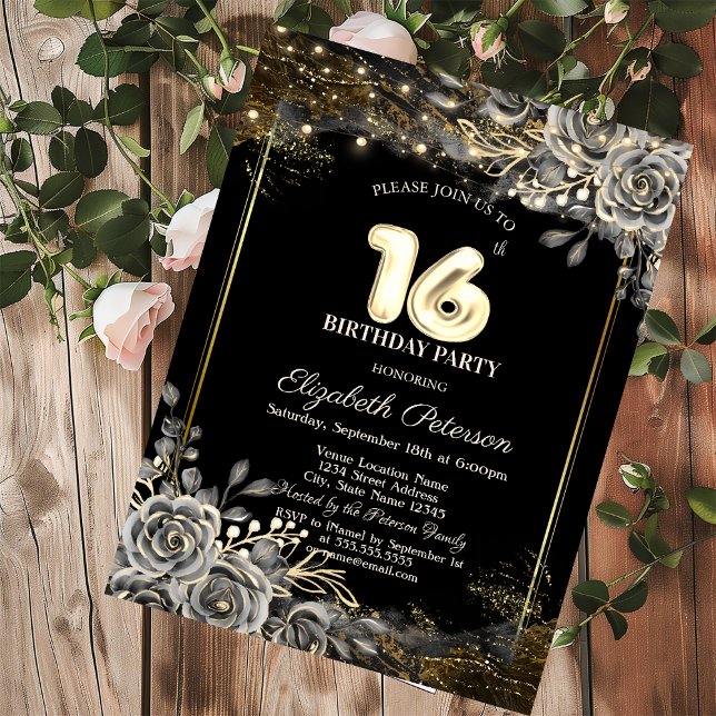 Elegant Black Roses,Lights Black 16th Birthday  Invitation (Creator Uploaded)