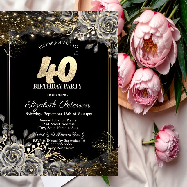Elegant Black Roses, Lights Black 40th Birthday  Invitation (Creator Uploaded)