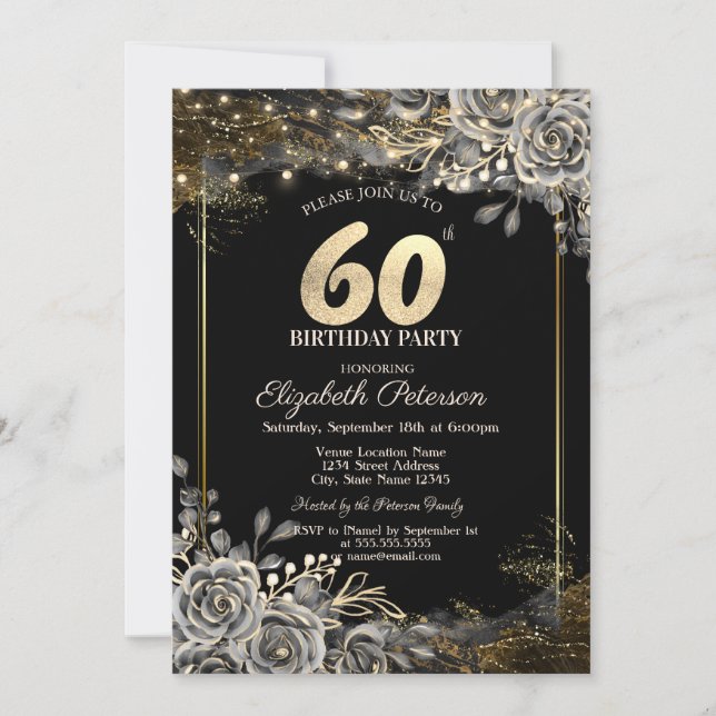 Elegant Black Roses,Lights Black 60th Birthday  Invitation (Front)