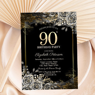 Elegant Black Roses, Lights Black 90th Birthday Invitation