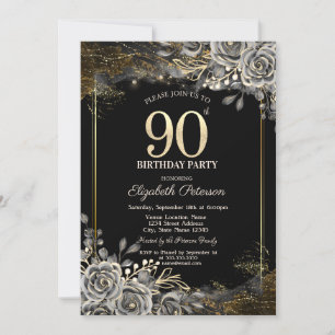 Elegant Black Roses, Lights Black 90th Birthday Invitation