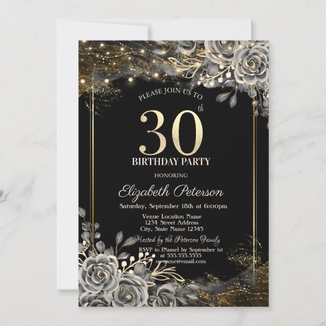 Elegant Black Roses,String Lights 30th Birthday Invitation (Front)