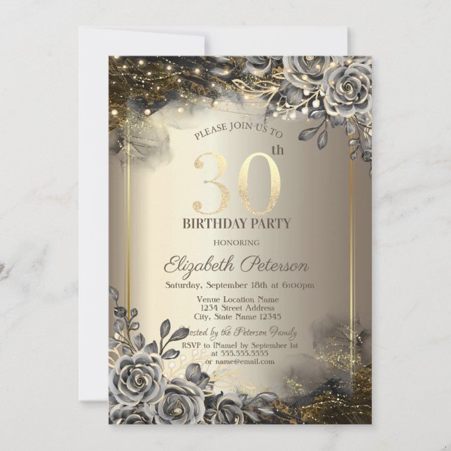 Elegant Black Roses,String Lights 30th Birthday Invitation (Front)