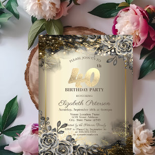 Elegant Black Roses,String Lights 40th Birthday  Invitation