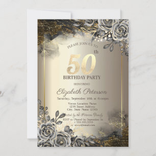 Elegant Black Roses,String Lights 50th Birthday  Invitation