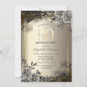 Elegant Black Roses,String Lights 90th Birthday Invitation