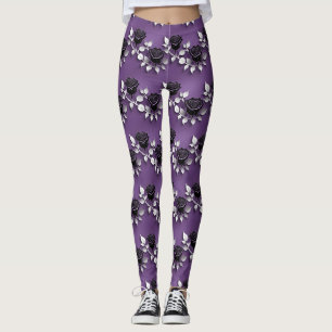 Elegant Black Roses With Silver Leaves Leggings