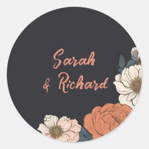 Elegant Black Round Floral Wedding Envelope Sealer Classic Round Sticker