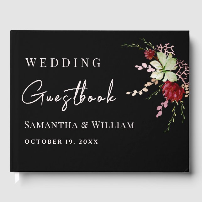 Elegant Black Rustic Boho Wildflower Wedding Guest Book (Front)