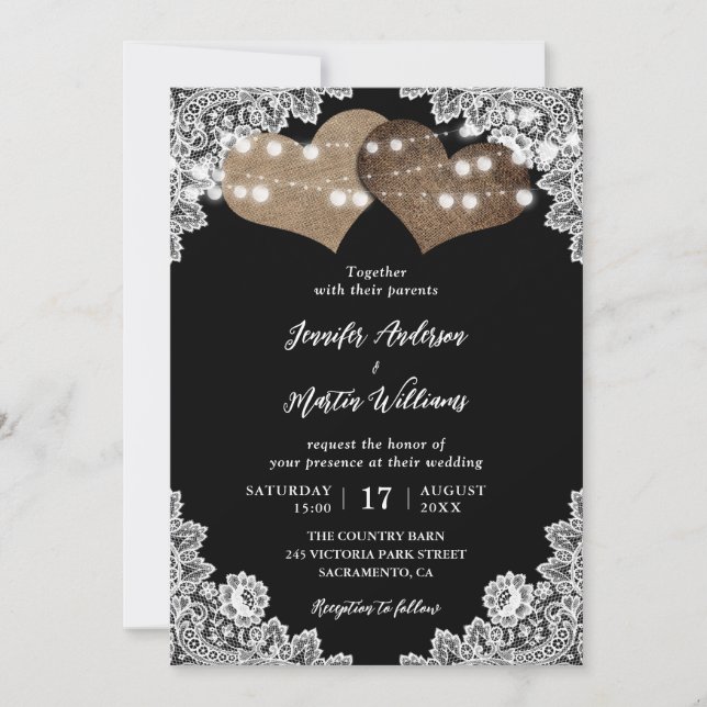 Elegant Black Rustic Hearts Floral Lace Wedding Invitation (Front)