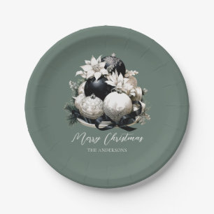 Elegant black sage green ivory Christmas ornament Paper Plate