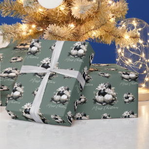 Elegant black sage green ivory Christmas ornament Wrapping Paper