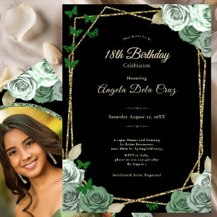 Elegant Black Sage Green Rose 18th Birthday Debut  Invitation