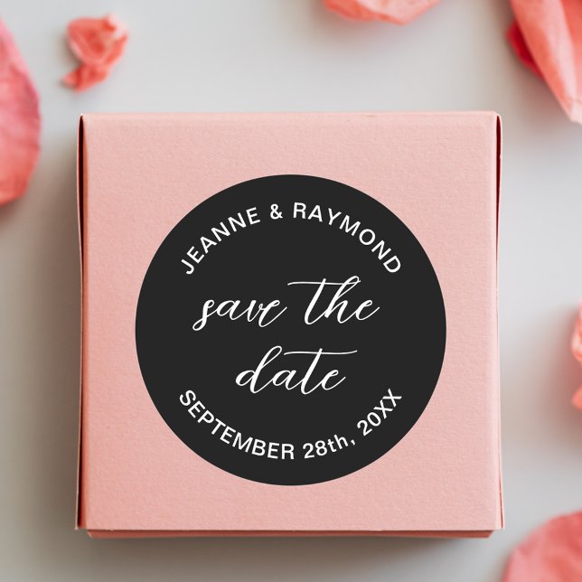 Elegant Black Save the date Wedding Announcement  Classic Round Sticker (Creator Uploaded)