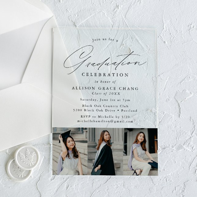 Elegant Black Script 3 Photo Graduation Party Acrylic Invitations (Creator Uploaded)