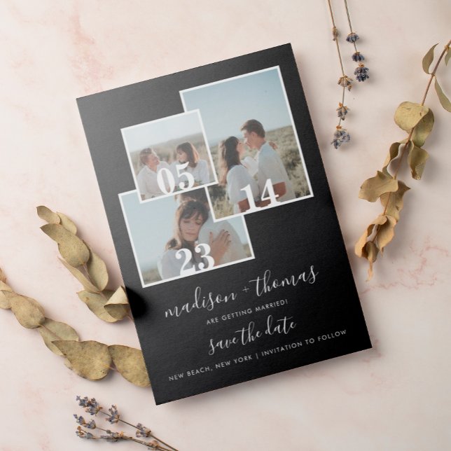 Elegant Black Script 3 Photo Wedding Save The Date Magnetic Invitation (Creator Uploaded)