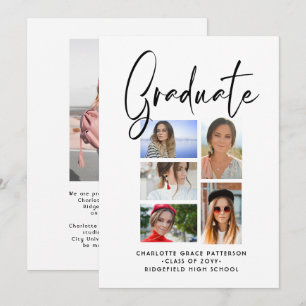 Elegant Black Script 5 Photo Graduation Collage Announcement