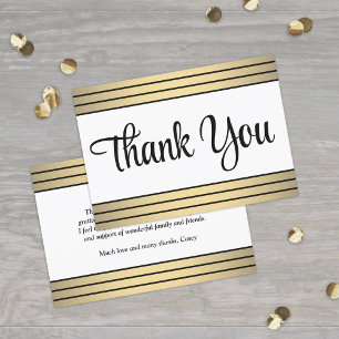 Elegant Black Script and Classic Gold Stripes Thank You Card