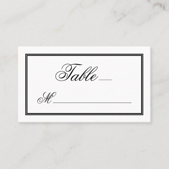 Elegant Black Script Calligraphy on White Wedding Place Card (Front)