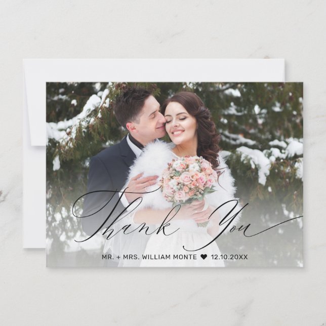 Elegant Black Script Calligraphy Photo Wedding Thank You Card (Front)