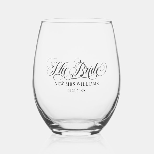 Elegant Black Script Calligraphy- The Bride Stemless Wine Glass (Front)