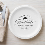 Elegant Black Script Cheers to the Graduate Paper Plate<br><div class="desc">Elegant graduation paper plates featuring a graduation cap with the phrase "Cheers to the Graduate" in a black calligraphy script on a white background. Personalize the modern graduation paper plates with the graduate's name, school name, and graduation year. The simple graduation plates are perfect to use for your high school...</div>