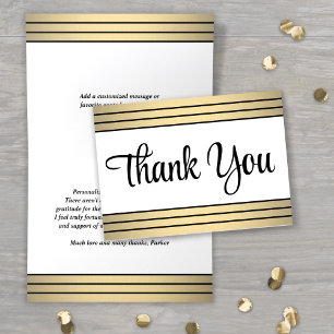 Elegant Black Script & Classic Gold Stripes Folded Thank You Card