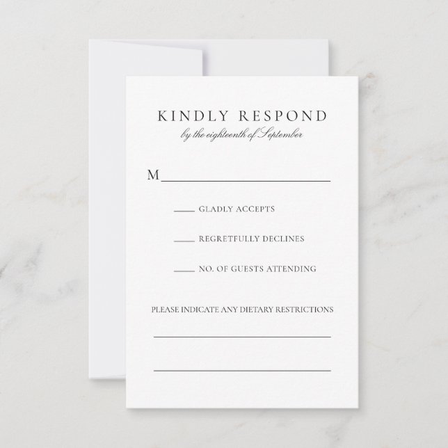 Elegant Black Script Dietary Restrictions Wedding RSVP Card (Front)