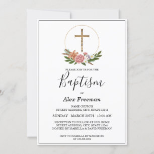 Elegant Black Script Floral Baptism & Christening Invitation