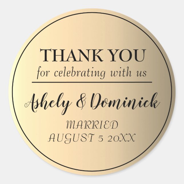 Elegant Black Script Gold Thank You Wedding Favour Classic Round Sticker (Front)