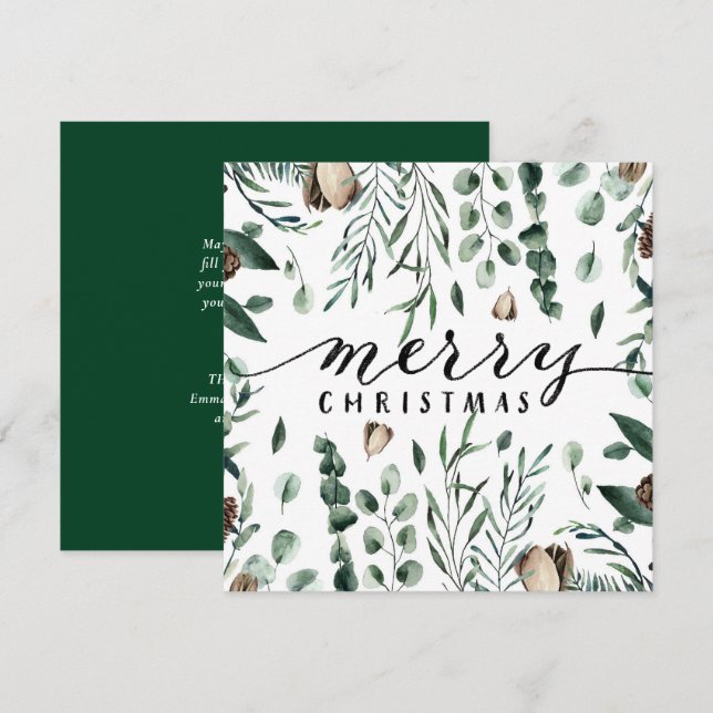 Elegant Black Script Magnolia Eucalyptus Greenery Holiday Card (Front/Back)