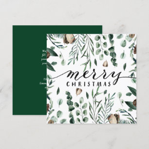 Elegant Black Script Magnolia Eucalyptus Greenery Holiday Card