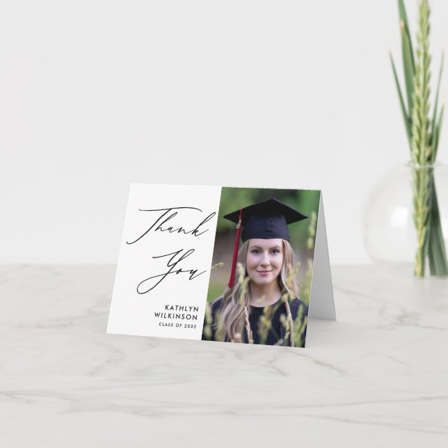 Elegant Black Script Minimalist Photo Graduation Thank You Card (Front)