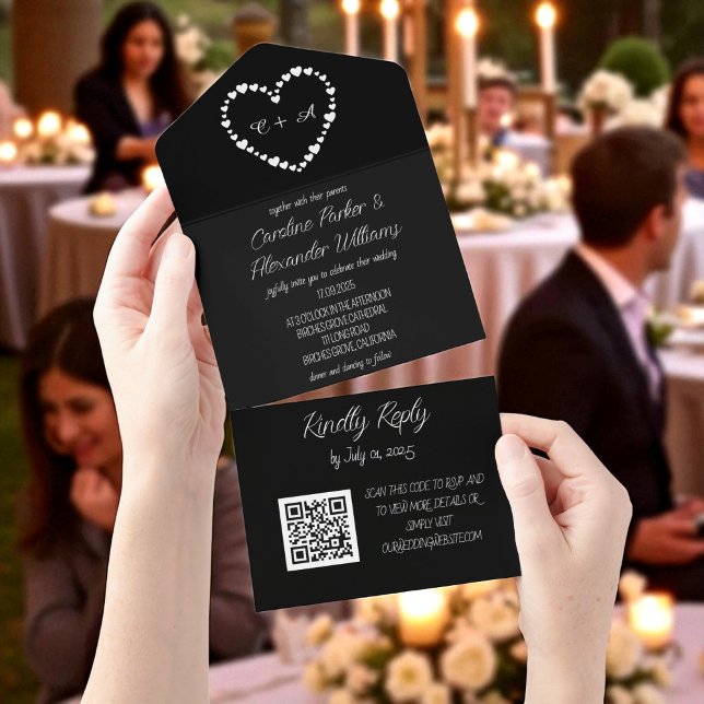 Elegant Black Script Modern Unique RSVP QR Code All In One Invitation (Creator Uploaded)