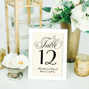 Elegant Black Script Monogram   Ivory Table Number