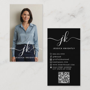 Elegant Black Script Monogram Logo Photo QR Code Business Card