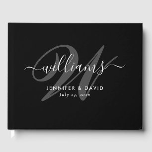 Elegant Black Script Monogram Wedding Guest Book