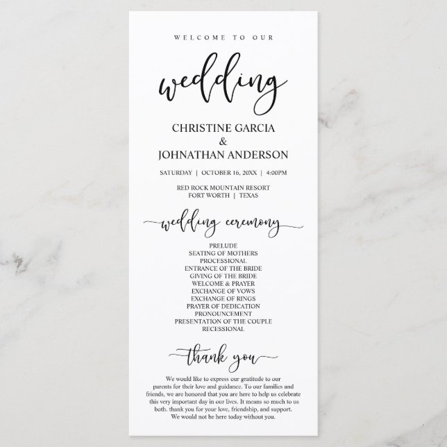 Elegant Black Script, Our Wedding Ceremony Program (Front)