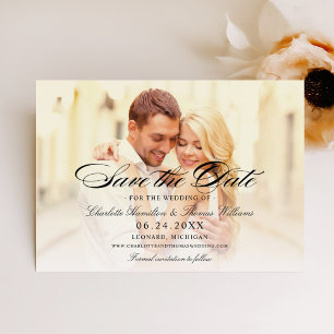Elegant Black Script Overlay Wedding Photo Save The Date