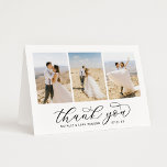 Elegant Black Script Personalized 3 Photo Wedding Thank You Card<br><div class="desc">Folded horizontal wedding thank you cards feature an elegant and stylish black calligraphy script "Thank You" text with scrolling flourishes. Personalize the front with 3 favourite portrait photos of the bride and groom, as well as a simple sans serif monogram of the couple's names. The inside of the card includes...</div>
